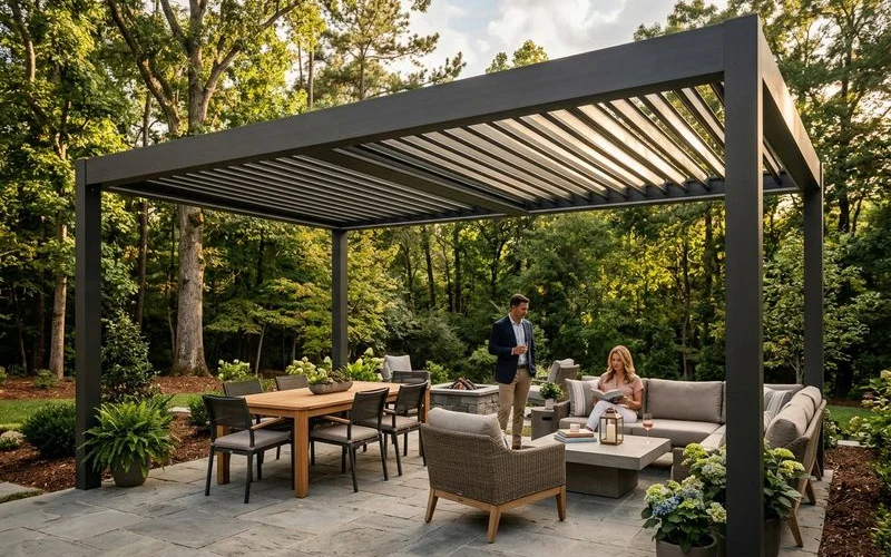 Aluminum motorized louvered pergola in Carolinas backyard