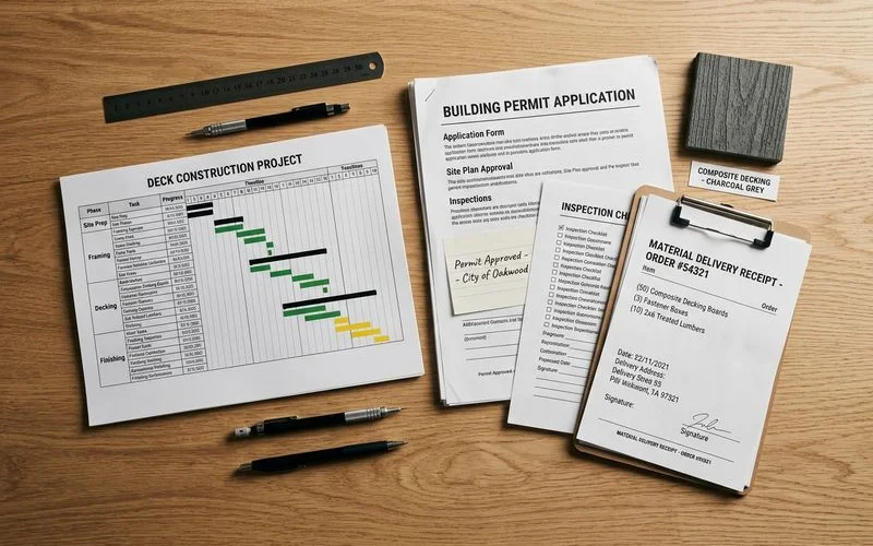 Deck build timeline graphic from contract to final inspection
