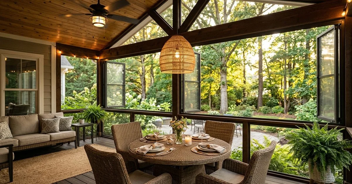 Carolinas screened porch with Eze-Breeze panels half-open at golden hour