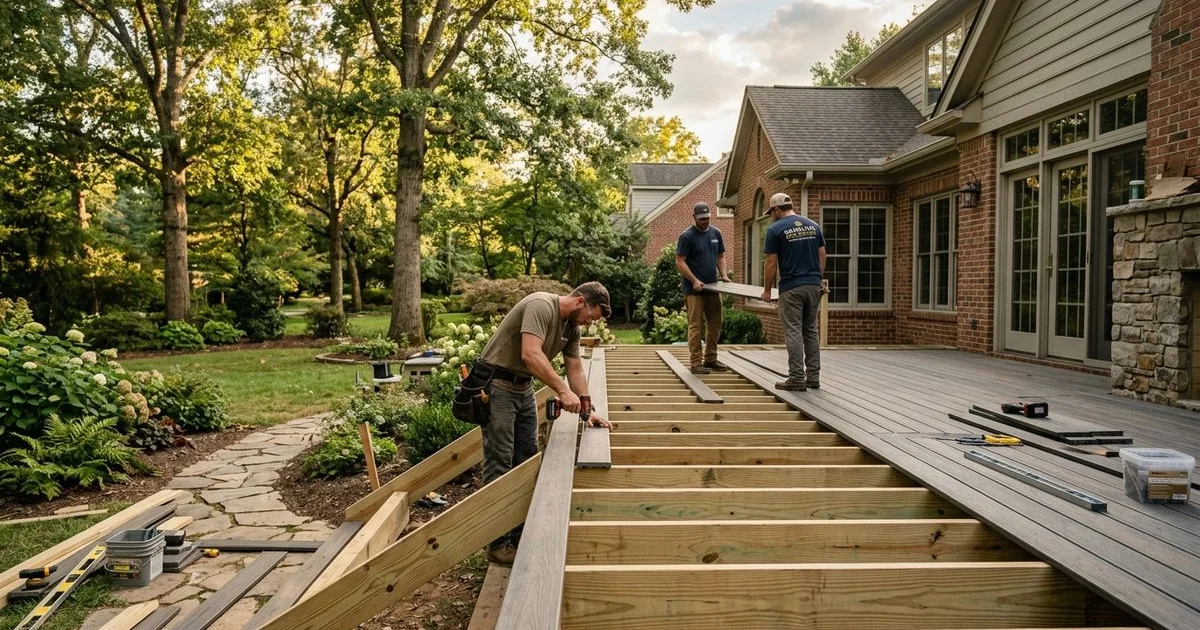 Mid-build composite deck with framing exposed in Carolinas backyard