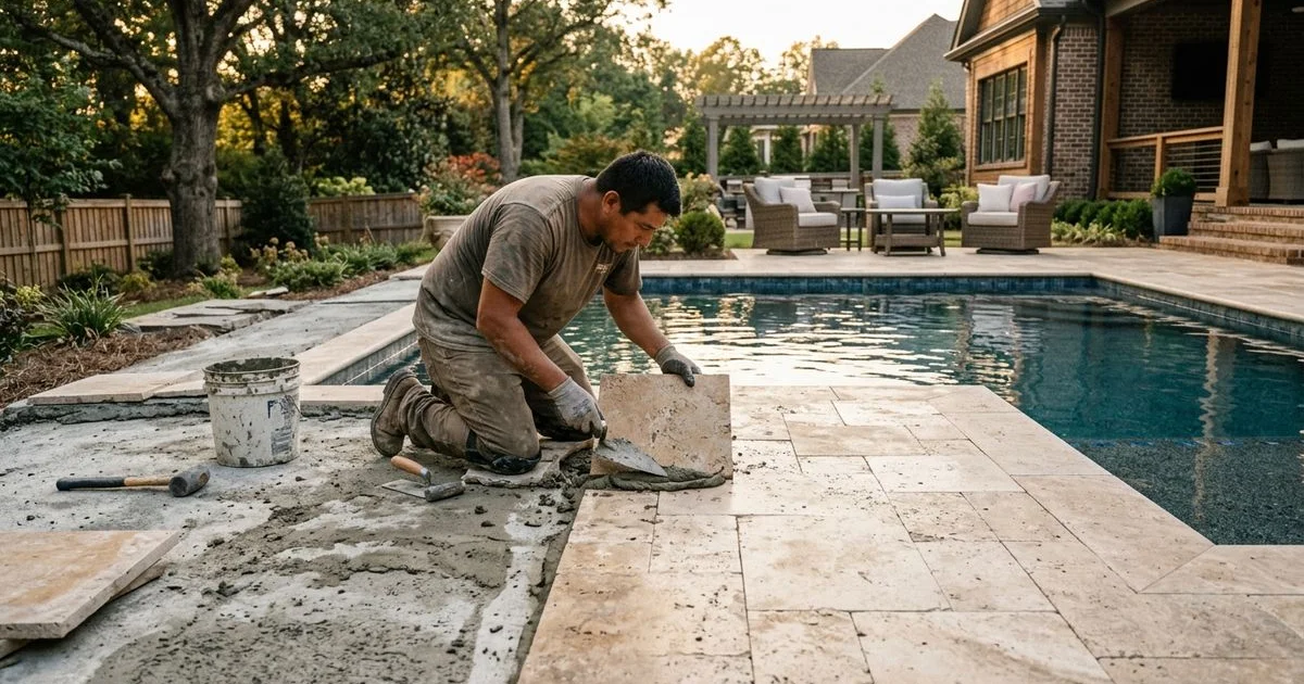 Pool deck mid-resurfacing project in Carolinas backyard with soft afternoon light