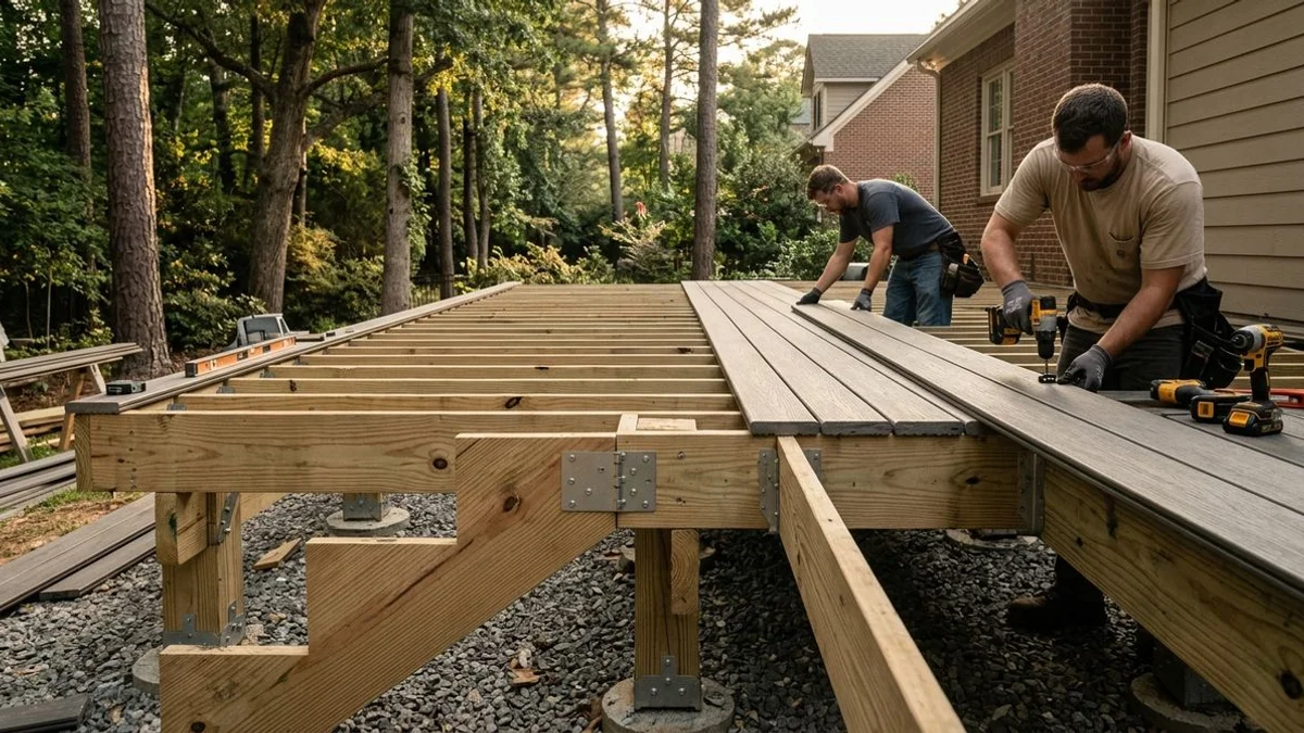 Carolinas deck mid-build with pressure-treated framing lateral load connectors and TimberTech boards going down